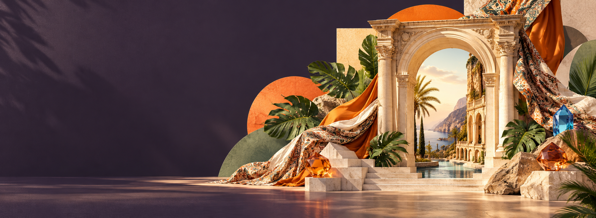 Surreal bohemian architectural collage with tropical leaves and gemstones